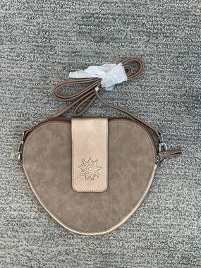 Taupe Heart Crossbody Bag with Floral Embossed Tab